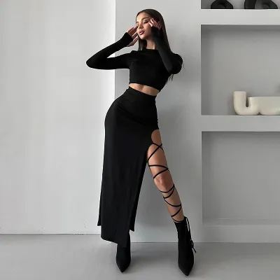 Summer Women Fashion Solid Color Round Neck Long Sleeve Top Strap Skirt Two-Piece Set