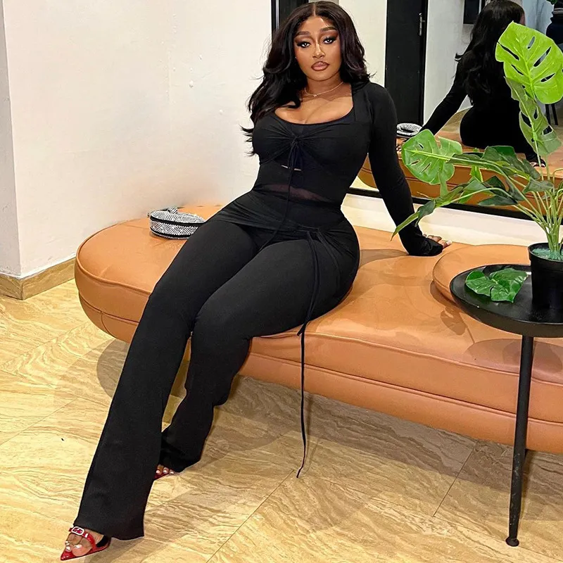Women Fashion Sexy Solid Color Mesh Stitching Long Sleeve Top Pants Two-Piece Set