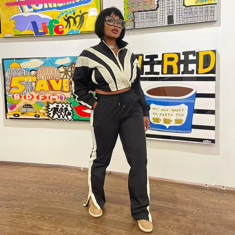 Women Fashion Casual Color Block Stitching Zipper Long Sleeve Top Drawstring Pants Two-Piece Set