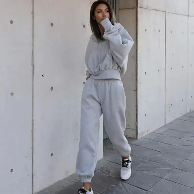 Autumn Winter Women Fashion Solid Color Thickened Long-Sleeved Hooded Jogger Pants Two-Piece Set