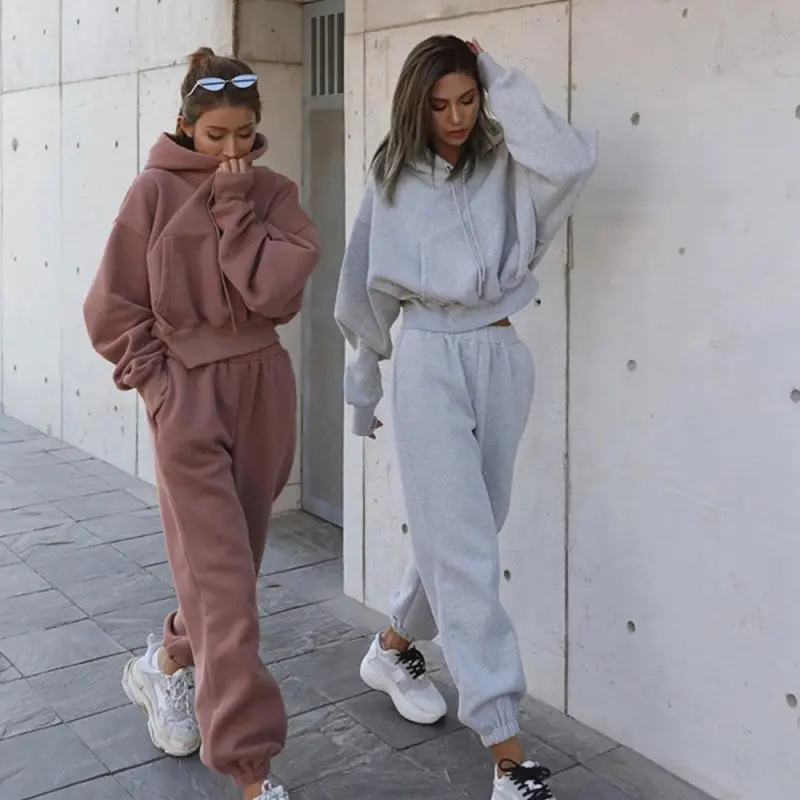 Autumn Winter Women Fashion Solid Color Thickened Long-Sleeved Hooded Jogger Pants Two-Piece Set