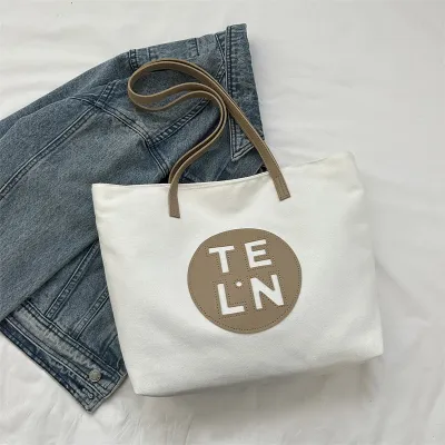 Women's Simple Casual Letter Print Large Capacity Square Canvas Tote Shoulder Bag