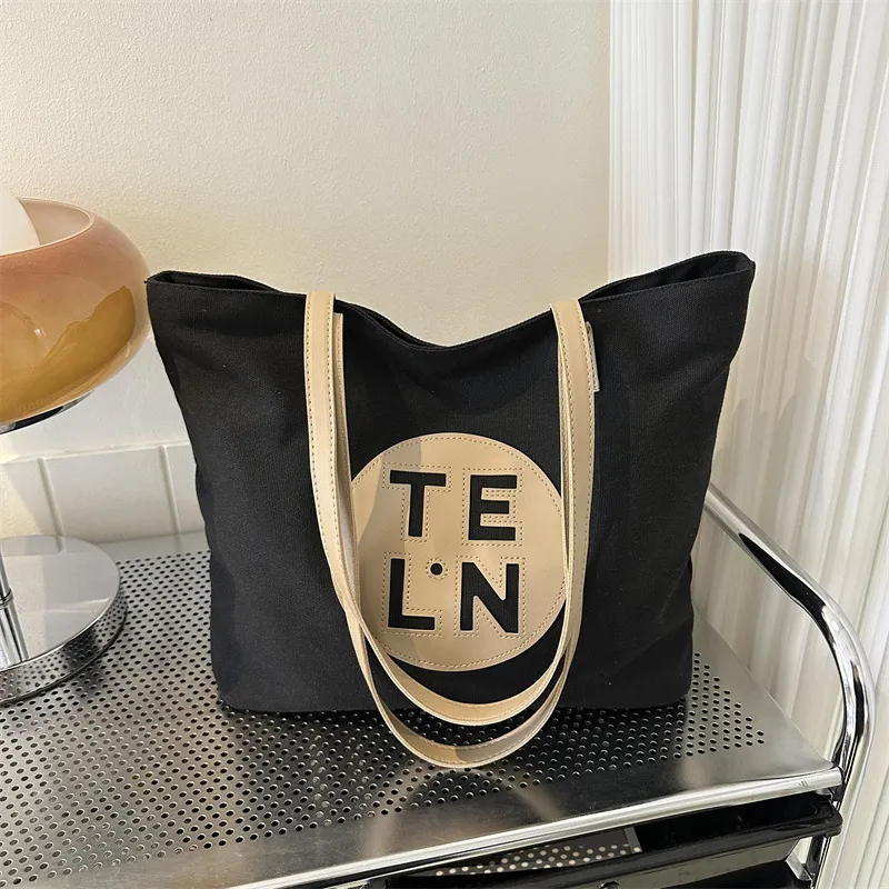 Women's Simple Casual Letter Print Large Capacity Square Canvas Tote Shoulder Bag