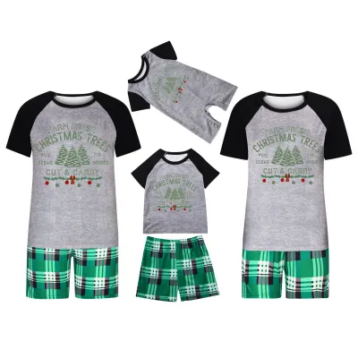 Cartoon Christmas Tree Print Round Neck Short Sleeve Home Pajamas Parent-Child Matching Set