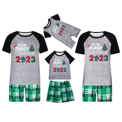 Cartoon Christmas Tree Print Round Neck Short Sleeve Home Pajamas Parent-Child Matching Set