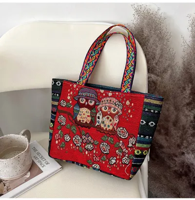 Women Fashion Ethnic Embroidered Canvas Tote Bag Shoulder Bag