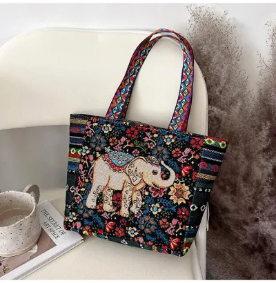 Women Fashion Ethnic Embroidered Canvas Tote Bag Shoulder Bag