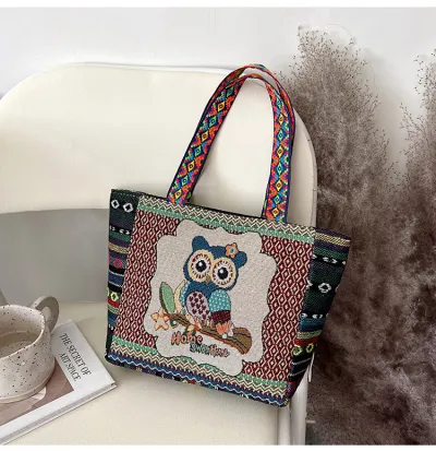 Women Fashion Ethnic Embroidered Canvas Tote Bag Shoulder Bag