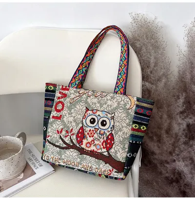 Women Fashion Ethnic Embroidered Canvas Tote Bag Shoulder Bag