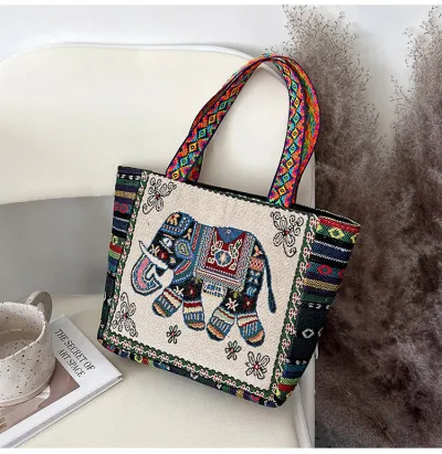Women Fashion Ethnic Embroidered Canvas Tote Bag Shoulder Bag