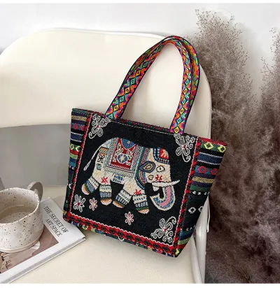 Women Fashion Ethnic Embroidered Canvas Tote Bag Shoulder Bag