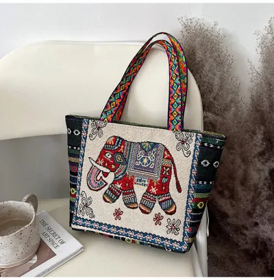 Women Fashion Ethnic Embroidered Canvas Tote Bag Shoulder Bag