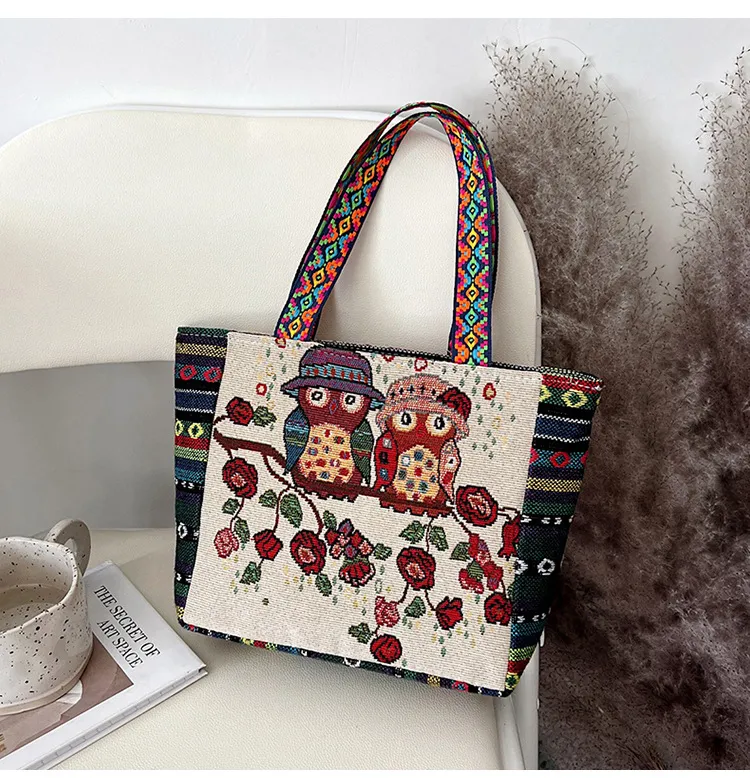 Women Fashion Ethnic Embroidered Canvas Tote Bag Shoulder Bag