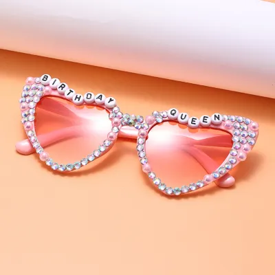Women Creative Heart Letter Rhinestone Metal Sunglasses