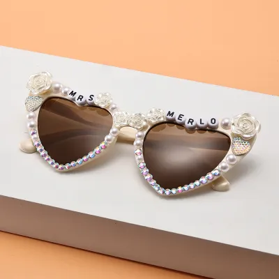 Women Creative Heart Letter Rhinestone Metal Sunglasses