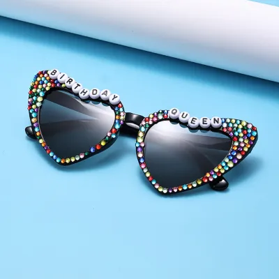 Women Creative Heart Letter Rhinestone Metal Sunglasses