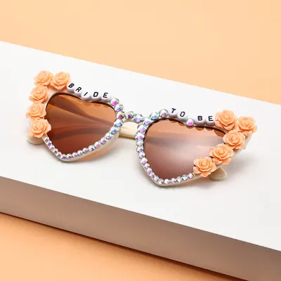 Women Creative Heart Letter Rhinestone Metal Sunglasses