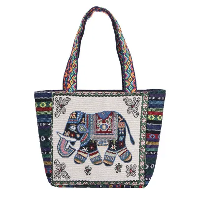 Ethnic Retro Large Capacity Canvas Tote Bag with Zipper Closure