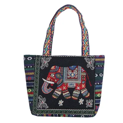 Ethnic Retro Large Capacity Canvas Tote Bag with Zipper Closure