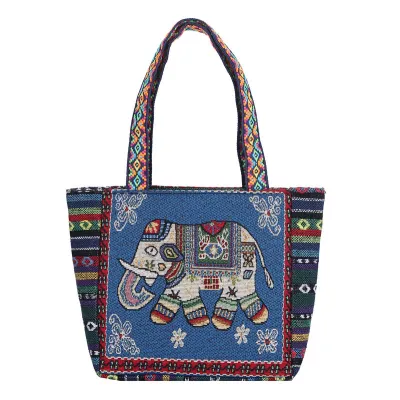 Ethnic Retro Large Capacity Canvas Tote Bag with Zipper Closure