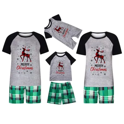 Simple Cartoon Christmas Tree Santa Claus Print Round Neck Short Sleeve Top Shorts Home Parent-Child Pajamas Set Neutral Cotton Blend