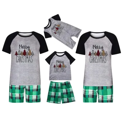 Simple Cartoon Christmas Tree Santa Claus Print Round Neck Short Sleeve Top Shorts Home Parent-Child Pajamas Set Neutral Cotton Blend