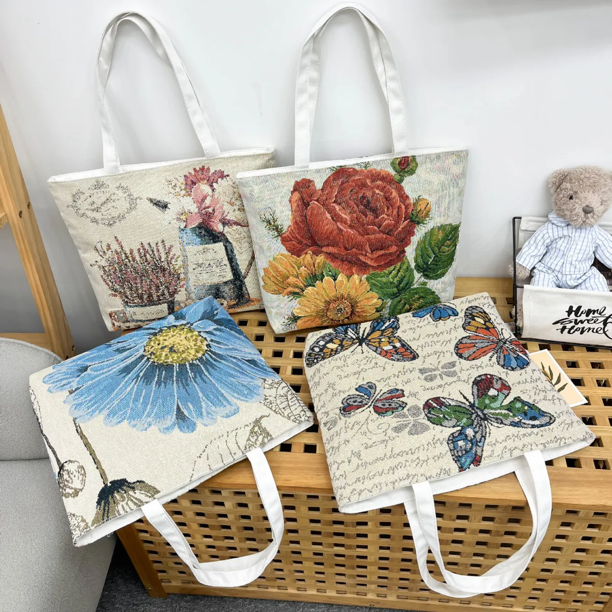 Literature Art Cartoon Canvas Tote Bag for Women Medium Size Zipper Closure Shoulder Bag