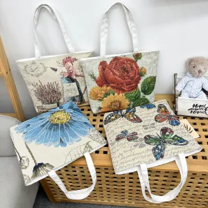 Literature Art Cartoon Canvas Tote Bag for Women Medium Size Zipper Closure Shoulder Bag