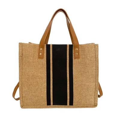 Vintage Contrast Large Capacity Cotton Linen Tote Bag