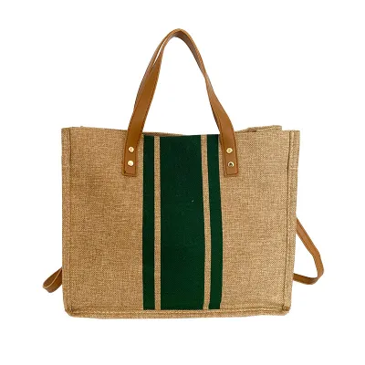 Vintage Contrast Large Capacity Cotton Linen Tote Bag