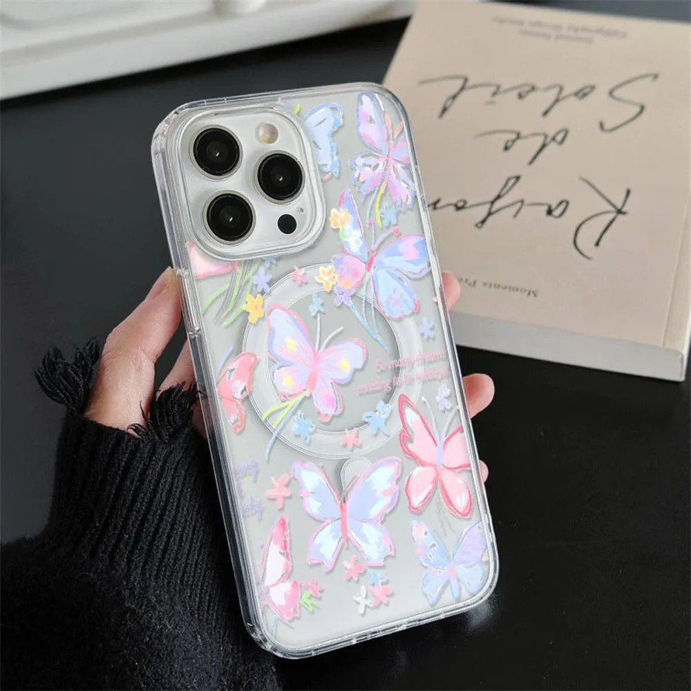 Women Cartoon Multicolor Butterfly Magnetic Apple Mobile Phone Protective Case