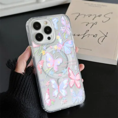 Funda protectora magnética para teléfono móvil Apple con diseño de mariposa multicolor de dibujos animados para mujer