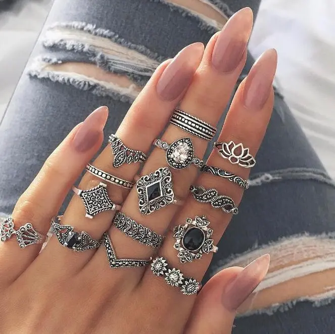 Vintage Hollow Lotus Joint Ring Set - Simple Alloy Fashion Commuter Ring