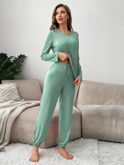 Women's Casual Solid Color Long Sleeve Top and Pants Pajamas Set