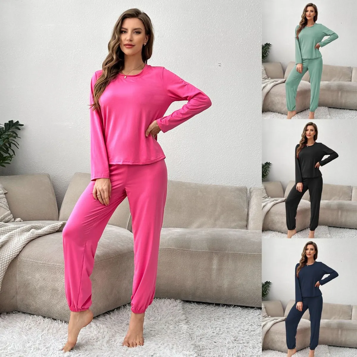 Women's Casual Solid Color Long Sleeve Top and Pants Pajamas Set