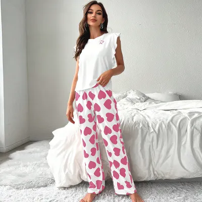Women's Milk Fiber Heart Print Pajama Set - Sleeveless Crewneck Pullover