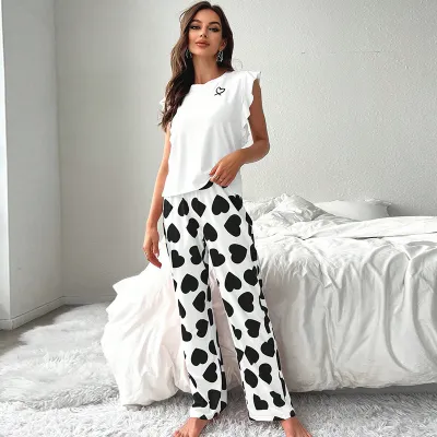 Women's Milk Fiber Heart Print Pajama Set - Sleeveless Crewneck Pullover