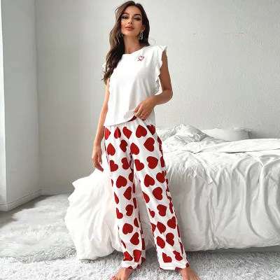Women's Milk Fiber Heart Print Pajama Set - Sleeveless Crewneck Pullover
