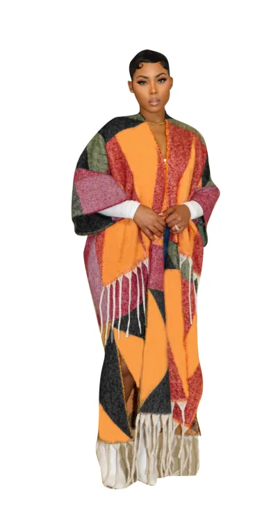 Women Casual Color Block Tassel Knitted Cardigan Jacket
