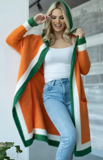 Autumn Winter Women Hooded Long Sleeve Cardigan Sweater Coat with Rainbow Pattern