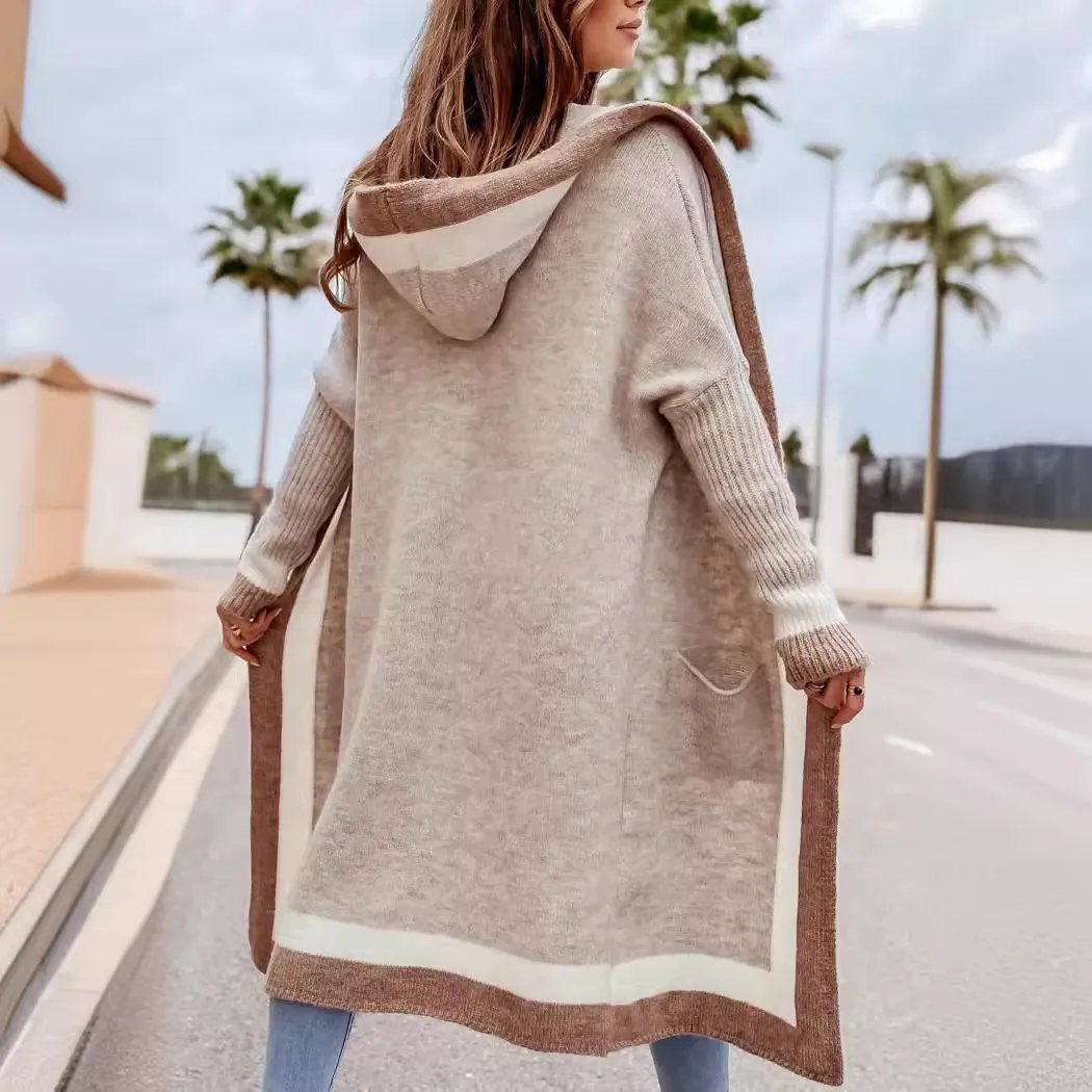 Autumn Winter Women Hooded Long Sleeve Cardigan Sweater Coat with Rainbow Pattern