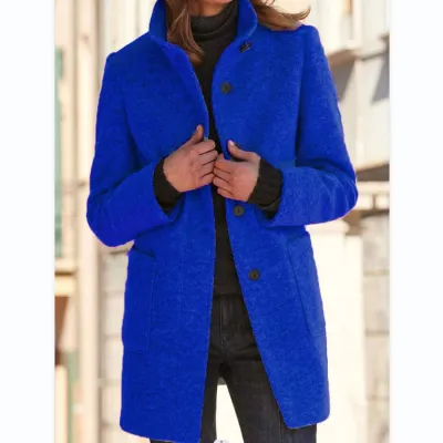 Autumn Winter Women Retro Solid Color Button Stand Collar Woolen Coat