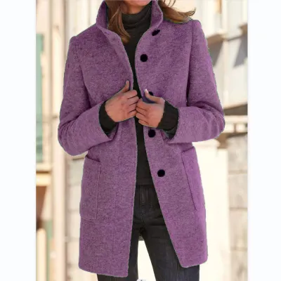 Autumn Winter Women Retro Solid Color Button Stand Collar Woolen Coat