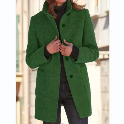 Autumn Winter Women Retro Solid Color Button Stand Collar Woolen Coat