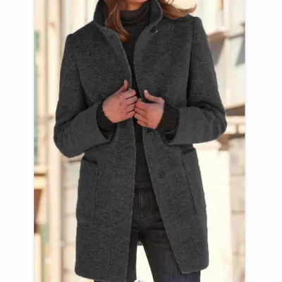 Autumn Winter Women Retro Solid Color Button Stand Collar Woolen Coat