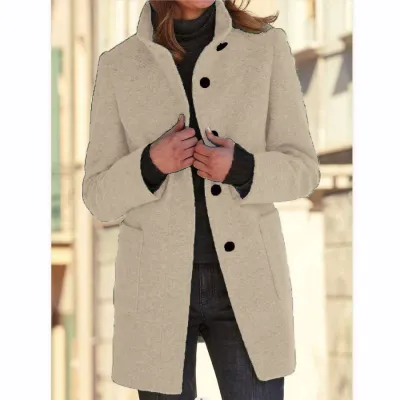Autumn Winter Women Retro Solid Color Button Stand Collar Woolen Coat