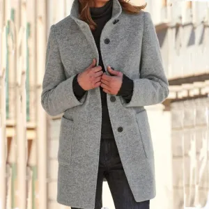 Autumn Winter Women Retro Solid Color Button Stand Collar Woolen Coat