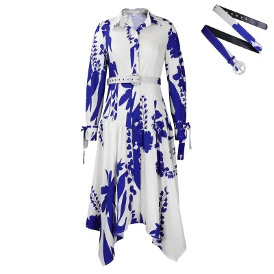 Autumn Women Plus Size Graphic Printed Lapel Long Sleeve Irregular Hem Dress