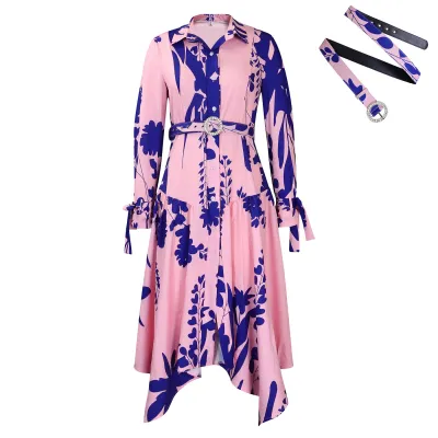 Autumn Women Plus Size Graphic Printed Lapel Long Sleeve Irregular Hem Dress