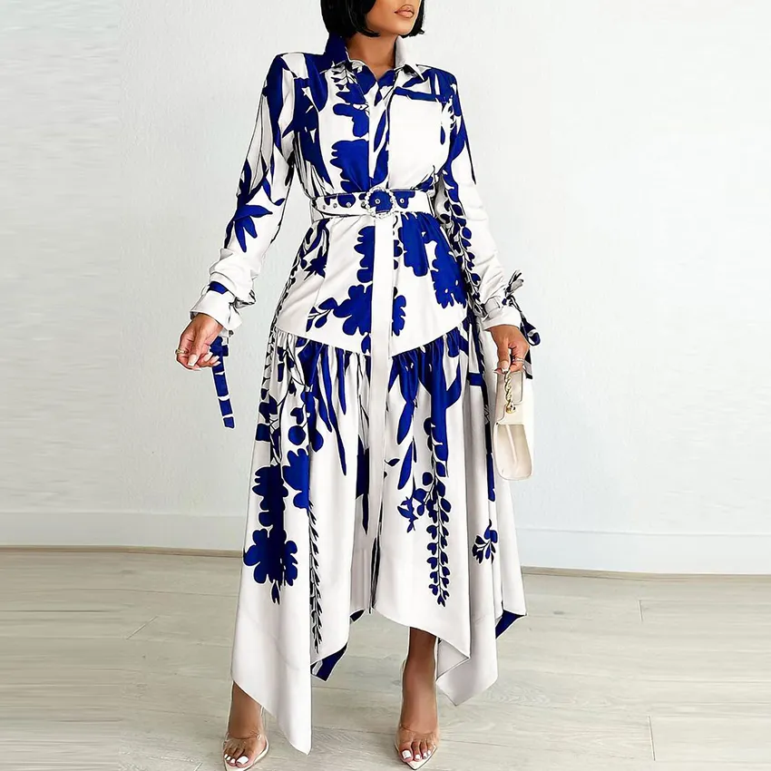 Autumn Women Plus Size Graphic Printed Lapel Long Sleeve Irregular Hem Dress